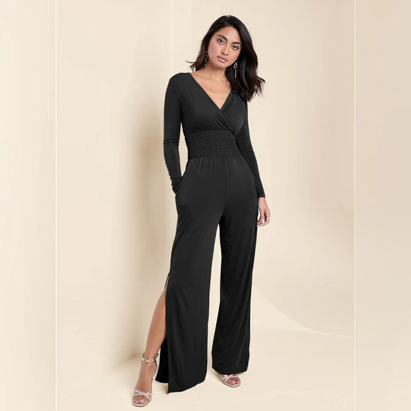 Venus All Black Smocked Waist V-neck Wide Leg With Slits Long Sleeve Jumpsuit - Picture 1 of 7